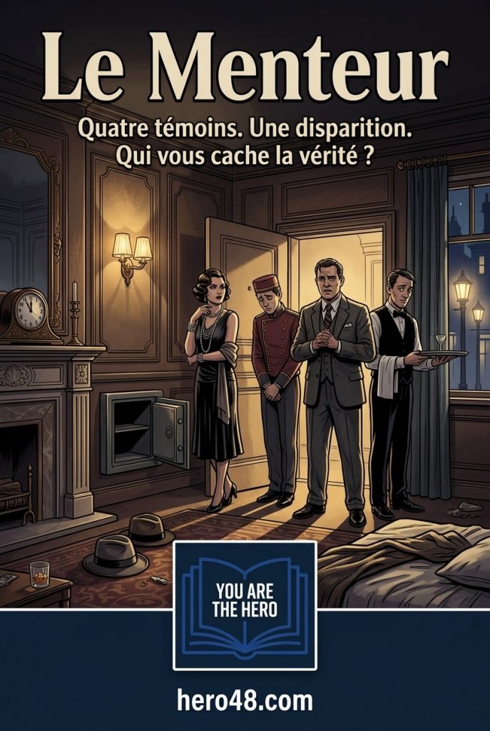 Couverture du jeu Le Menteur représentant quatre suspects réunis dans une luxueuse chambre d'hôtel des années 1920 à côté d'un coffre-fort ouvert.